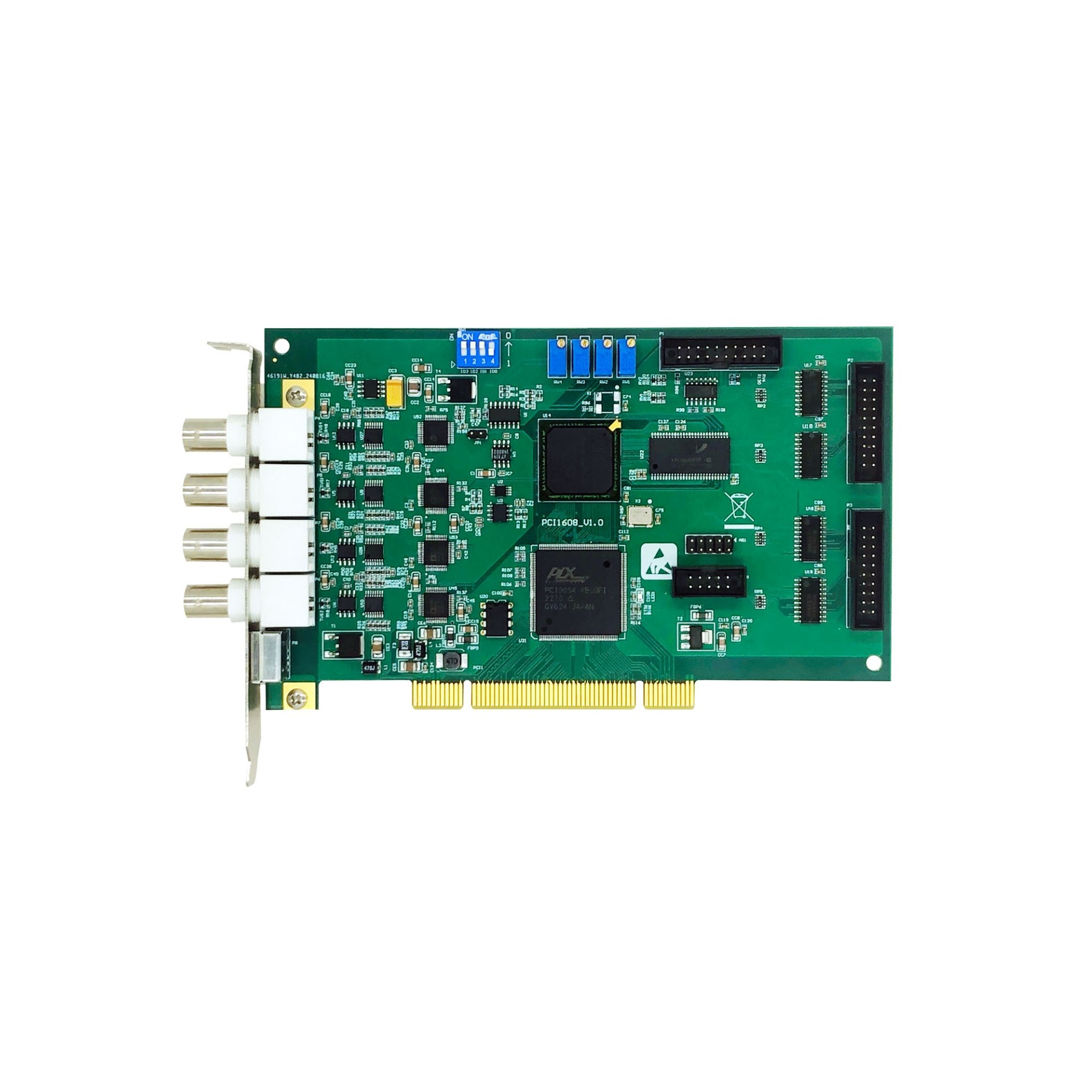 PCI-1608， 4路16位同步1MHz 模拟输入，程控增益±10V，±5V，±2V，±1V。