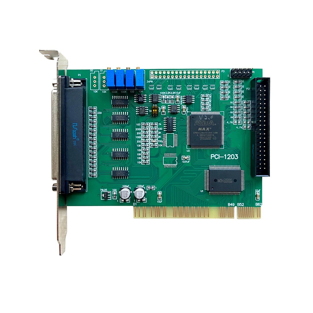 PCI-1203， 12位64路120K AD，12位2路DA，开关量16路输入，16路输出